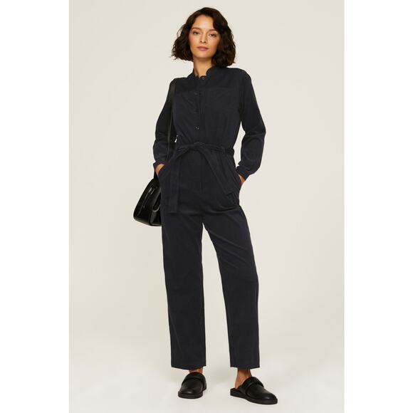 A.P.C. Justine Navy Blue Corduroy Long Sleeve Button Front Jumpsuit Size S - Picture 1 of 14
